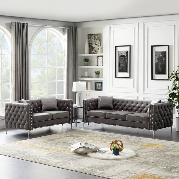 slide 2 of 28, 2 Pcs Modern Velvet Living Room Set with Sofa & Loveseat, Jeweled Button Tufted Copper Nails Square Arms, 4 Pillows Included Grey
