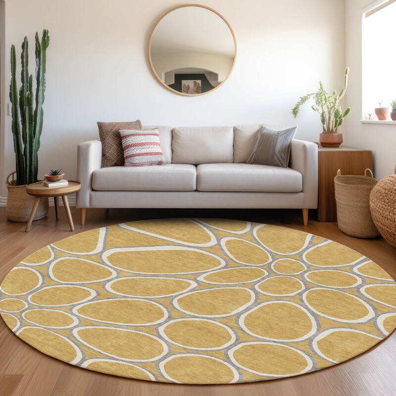 Machine Washable Indoor/ Outdoor Modern Bubbles Chantille Rug - Gold - 8' x 8'