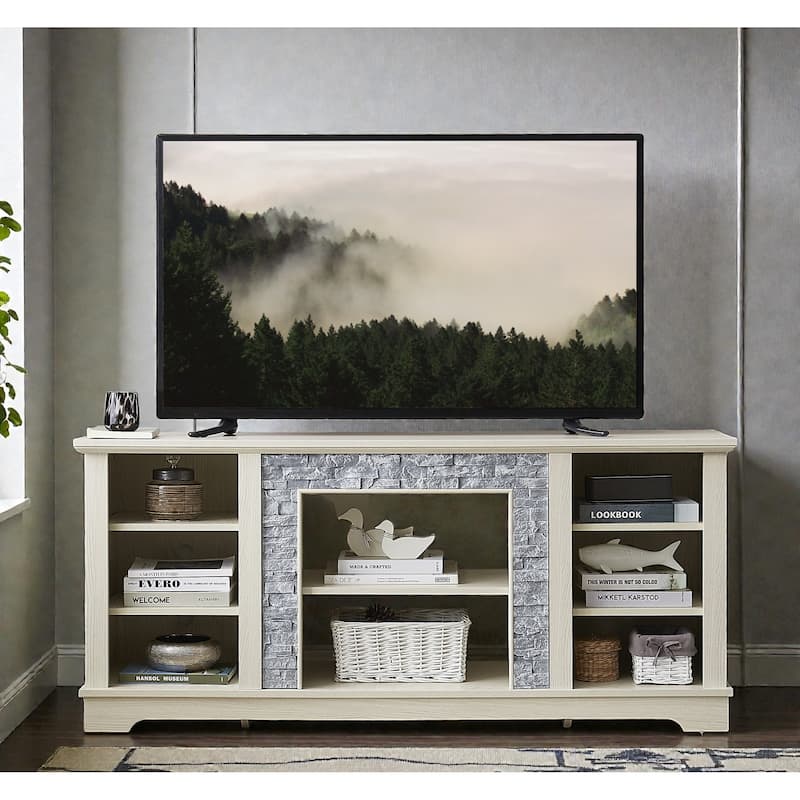 58 Inch Mantel Stone TV Stand for TVs up to 65 Inch, Media Console with Faux Stacked Stone Surround and Open Storage - White