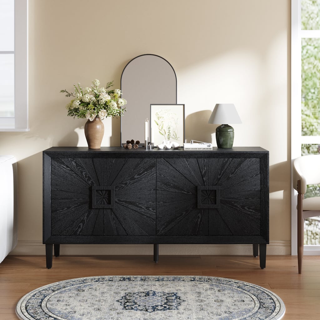 60" Premium Farmhouse Credenza Storage Cabinet with Symmetrical Sunburst Door Design