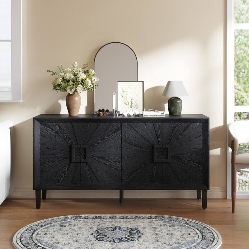 GDFStudio - 60" Rustic Farmhouse Credenza, Sunburst Doors, Heavy-Duty TV Stand with Adjustable Shelves
