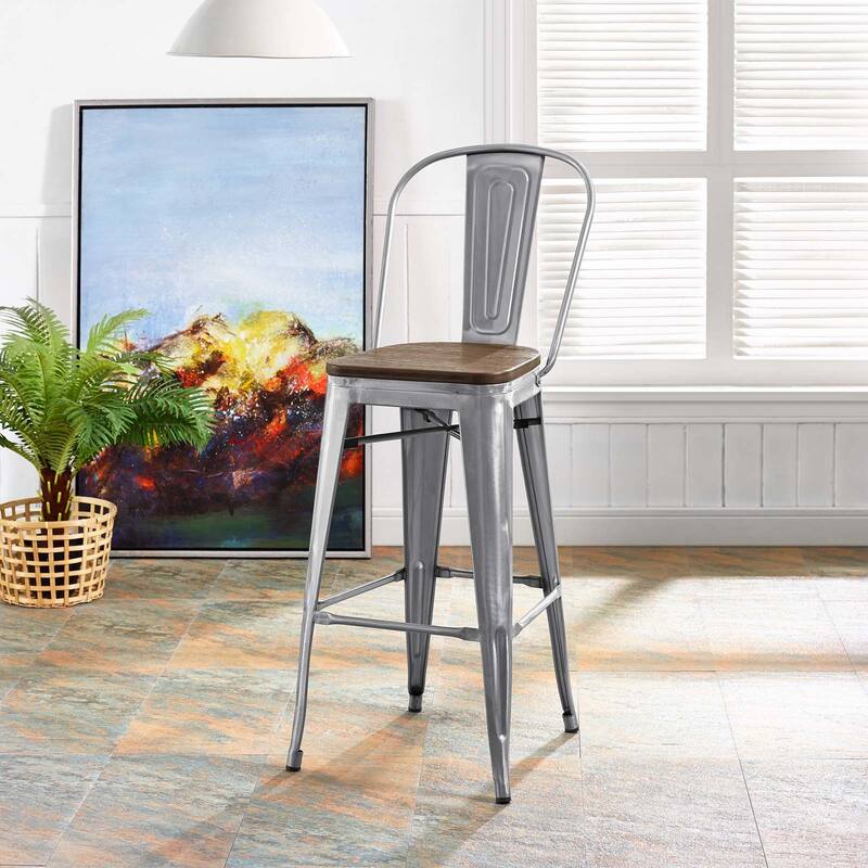 Industrial Modern Steel Bistro Bar Stool With Bamboo Seat in Black