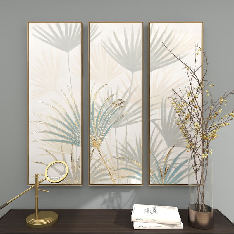 Canvas Leaf Palm Living Room Framed Wall Art with Gold Frame - Set of 3 Brown - Roche River Decor
