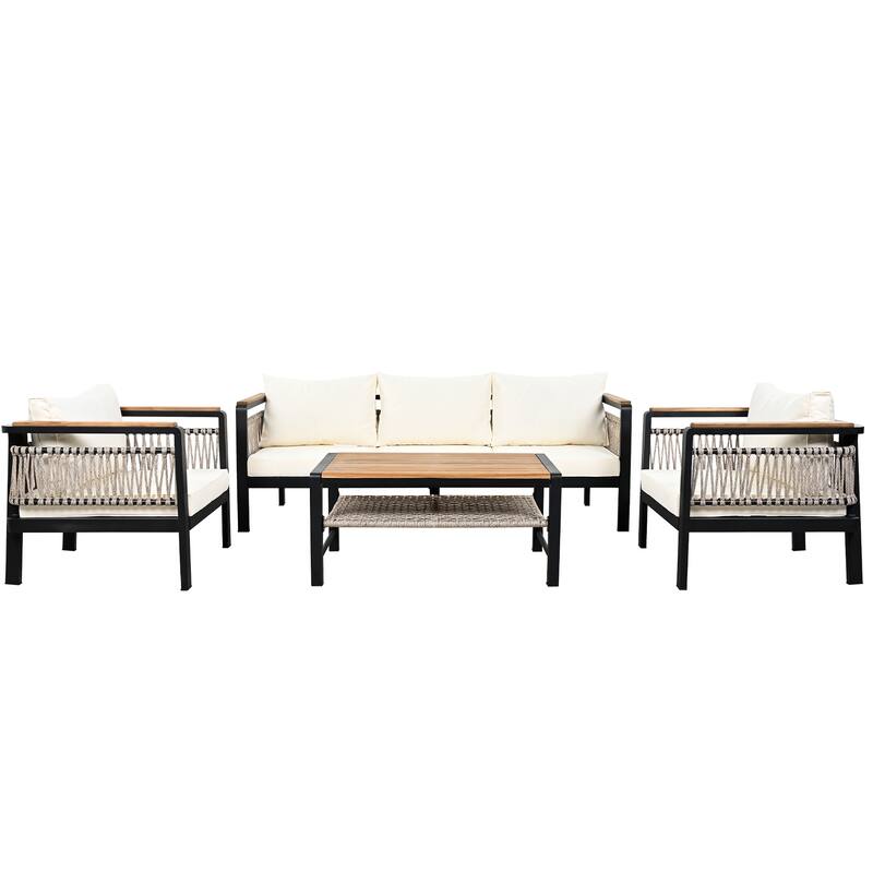 4 Piece Outdoor Woven Rope Furniture Set, Patio Sectional Sofa Set with Removable Waterproof Cushions and Coffee Table
