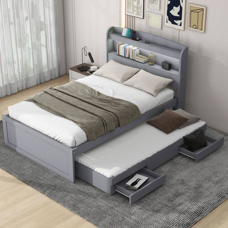 Twin XL Size Platform Bed with Storage LED Headboard, Charging Station, Twin Size Trundle and 2 Drawers, Gray