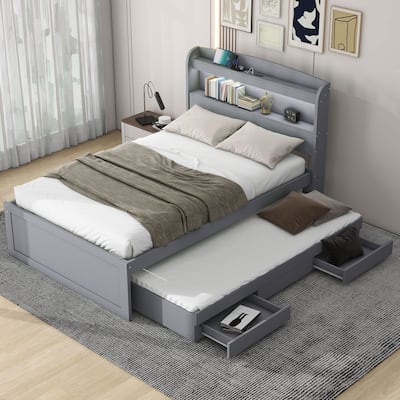 Twin XL Size Platform Bed with Storage LED Headboard, Charging Station, Twin Size Trundle and 2 Drawers, Gray