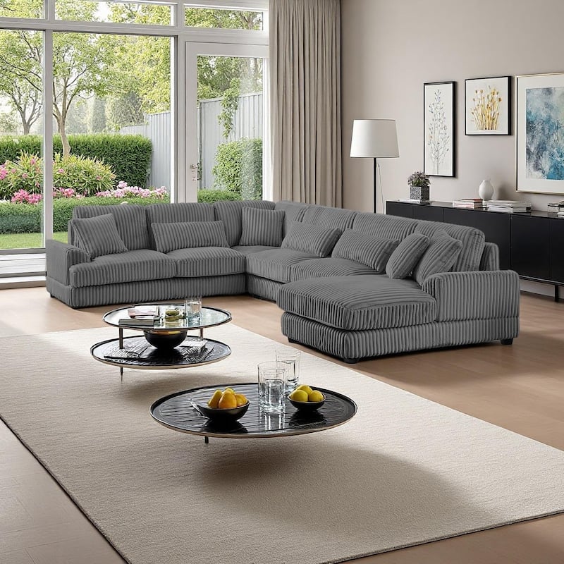 Oversized Corduroy Sectional Sofa with a Chaise - Dark Grey