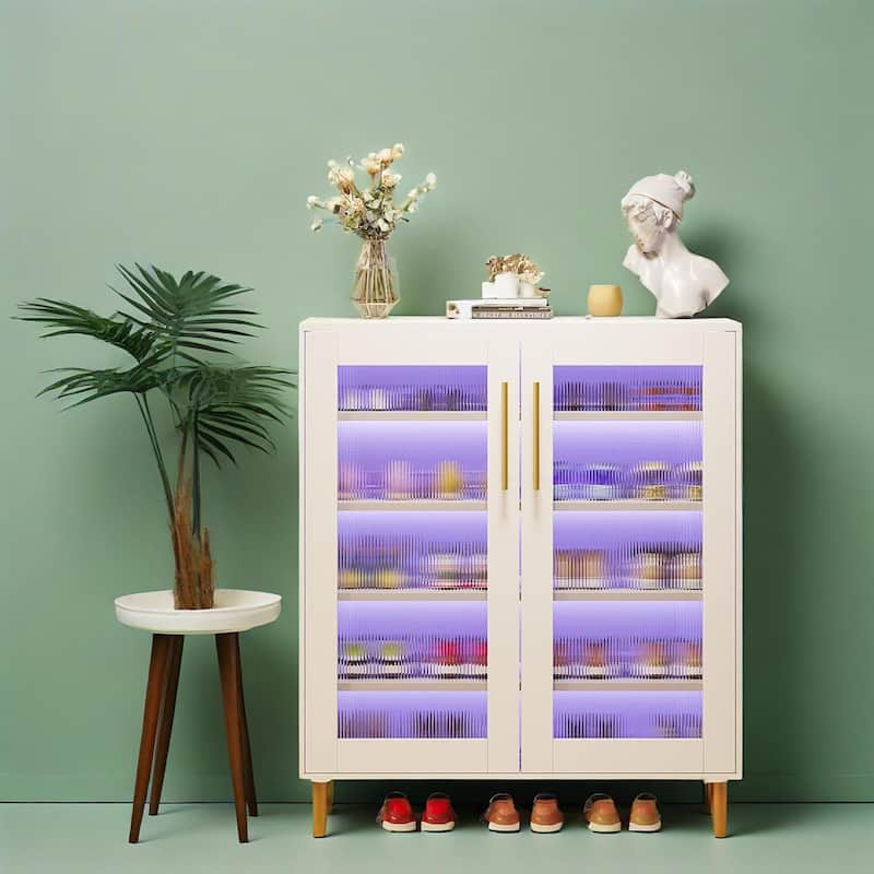 White LED Shoe Cabinet with Acrylic Doors Remote Control Lighting and 5 Tier Storage for 16 to 22 Pairs