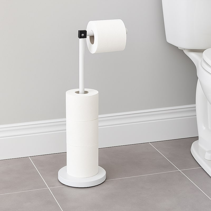 Sleek Toilet Paper Holder with Folding Arm and Reserve Compact Freestanding Metal Holder - Diameter 8 inches X 22" H - White