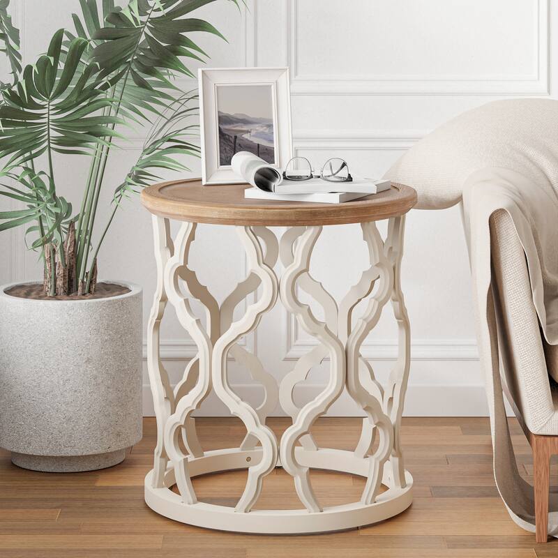 COZAYH Farmhouse End Table, Distressed Tray Top Coffee Table with Curved Motif Frame Base for Boho, Rustic, French Country - End Table