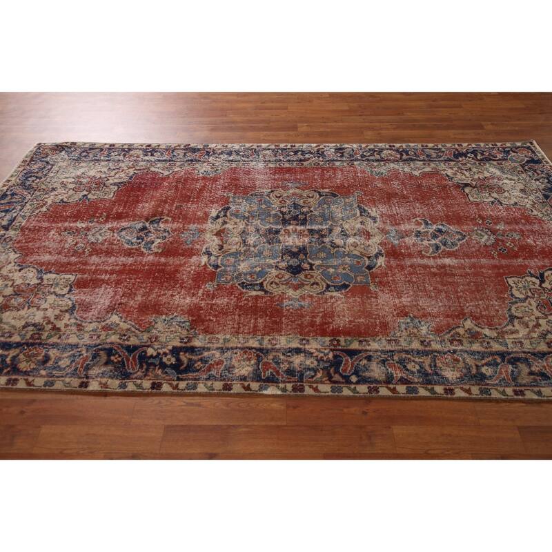 Distressed Oushak Turkish Vintage Area Rug Hand-Knotted Wool Carpet - 4'10" x 8'7"