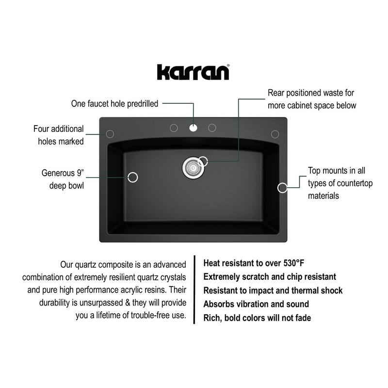 Karran All in One Drop-In Quartz Composite 33 in. Single Bowl Kitchen Sink in Black with Faucet KKF220 in Stainless Steel