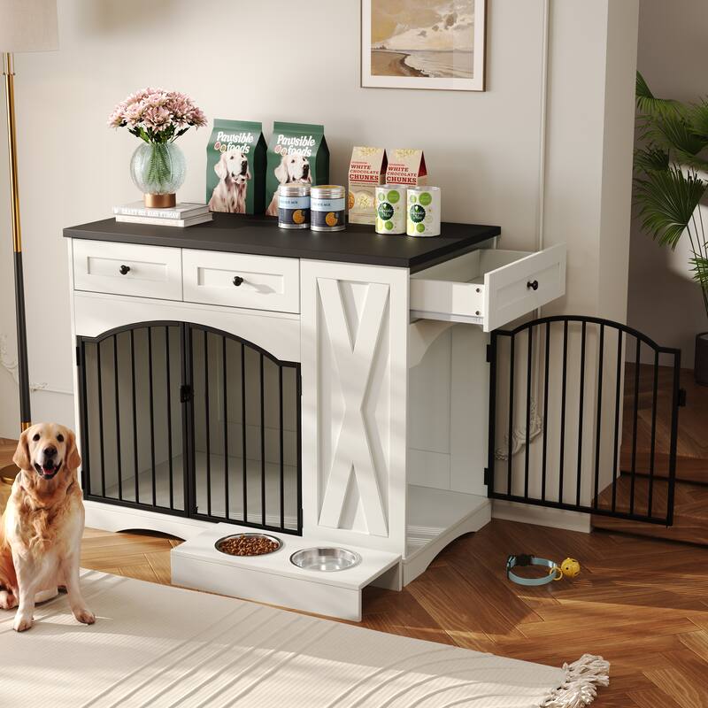 Dog Crate Furniture with 3 Drawers, Indoor Wooden Dog Kennel, Dog Cage End Table with Removable Feeder for Medium Dogs - White+Black