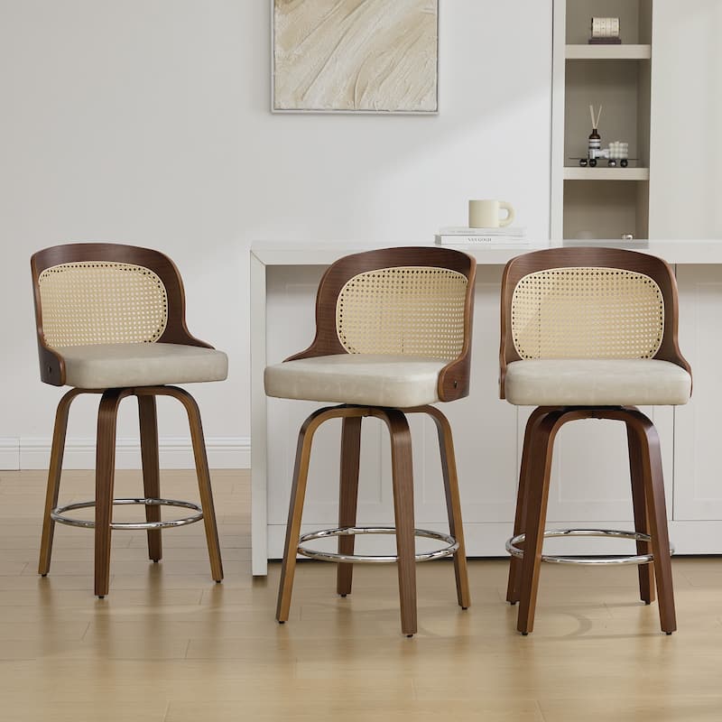 26" Upholstered Swivel Counter & Bar Stool with Rattan Back - 37.4"H x 19.09"W x 19.88"D