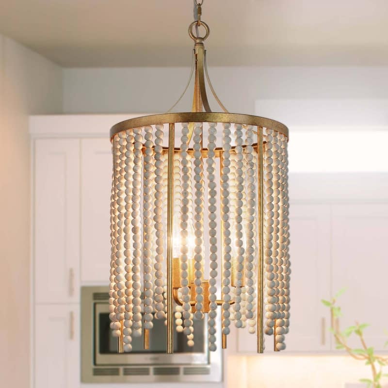 Mid-century Modern Chandelier Drum Pendant Light with Distressed White Wood Beads Bedroom Entryway Dining room - D 12.5"x H 23"