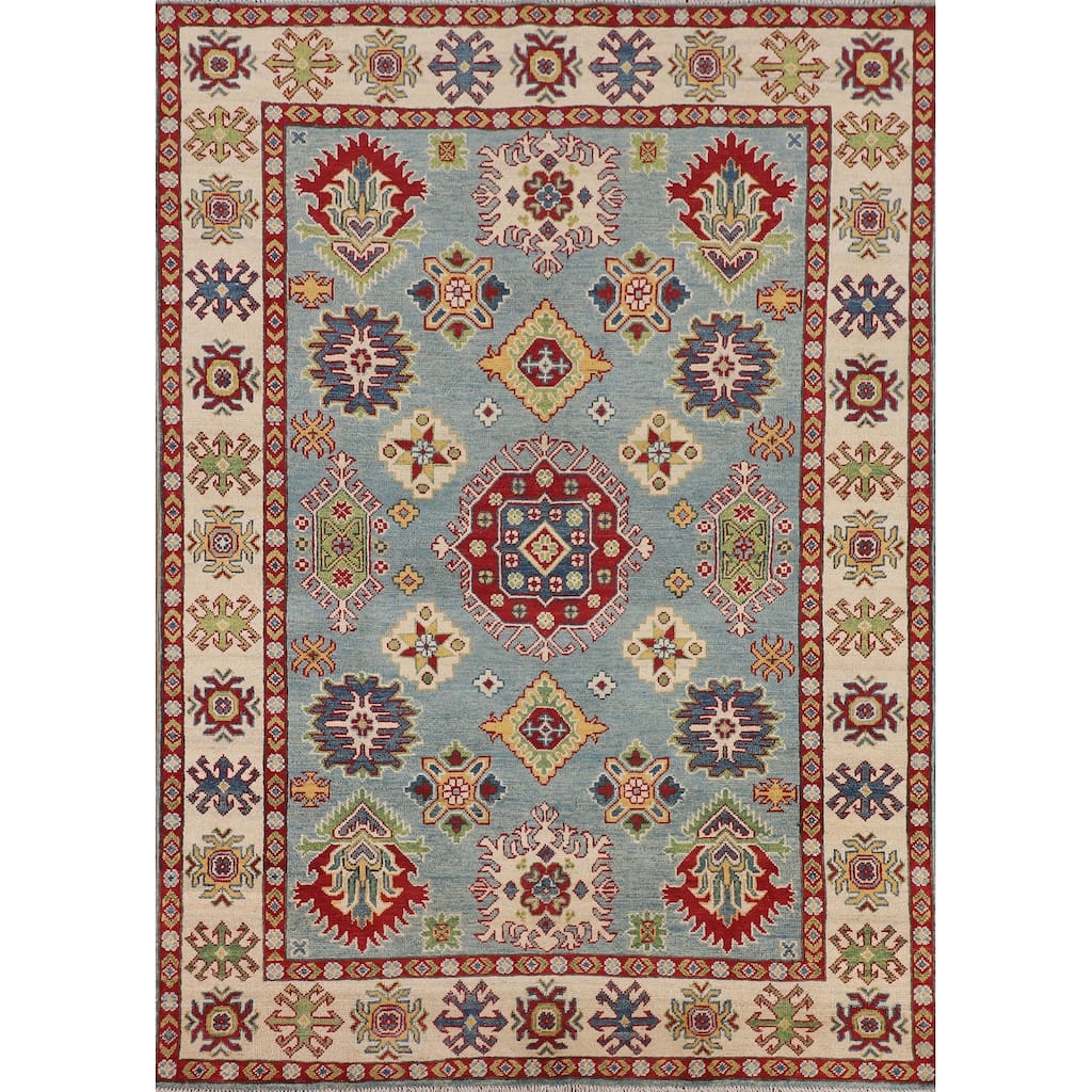 Traditional Light Blue Geometric Kazak Rug Hand-Knotted Wool Carpet - 4'11" x 6'9"
