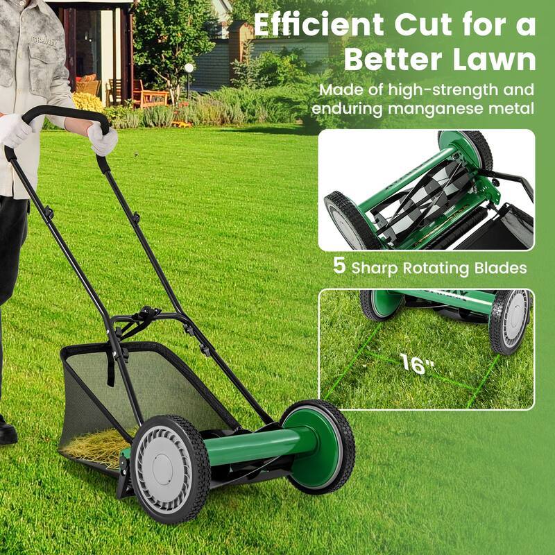 Manganese Steel Manual Lawn Mower with 5 Blades and Grass Bag - 23" L x 28" W x 49" H