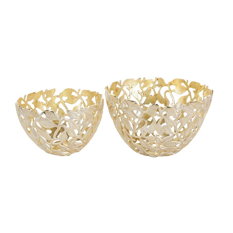 Gold Aluminum Metal Leaf Decorative Decorative Bowl with White Detailing (Set of 2)