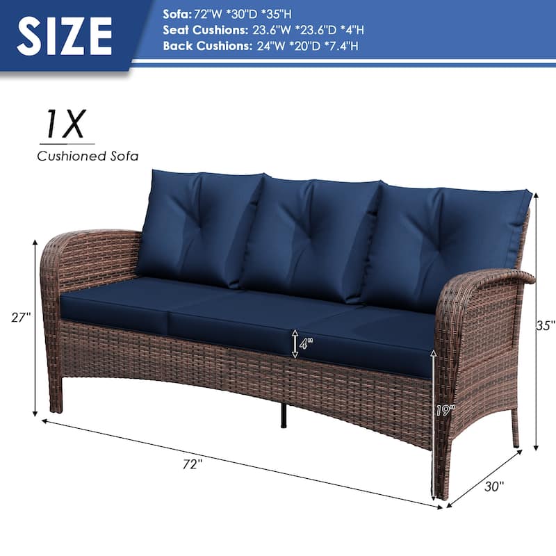 Cozywor 72"Wide 3-Seat Brown Wicker Outdoor Sofa, Couch Patio Sofa with Deep Seating and Thick Cushions, Red