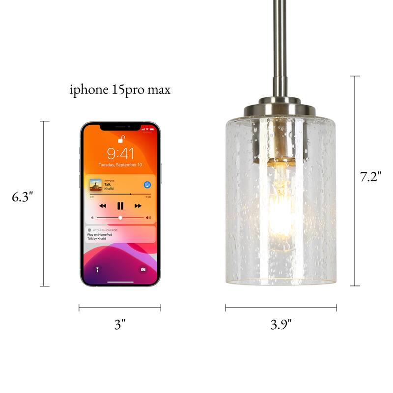 Modern Nickel 1-Light Cylinder Glass Pendant Light for Kitchen Island Dining Kitchen Commercial - D3.9" x H7.2"