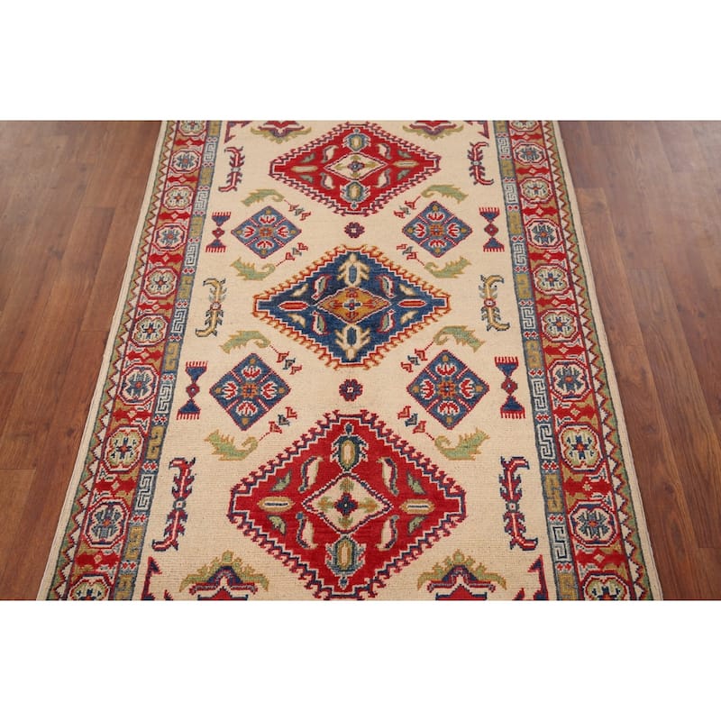 Geometric Kazak Accent Rug Hand-Knotted Beige Wool Carpet - 3'3" x 5'1"