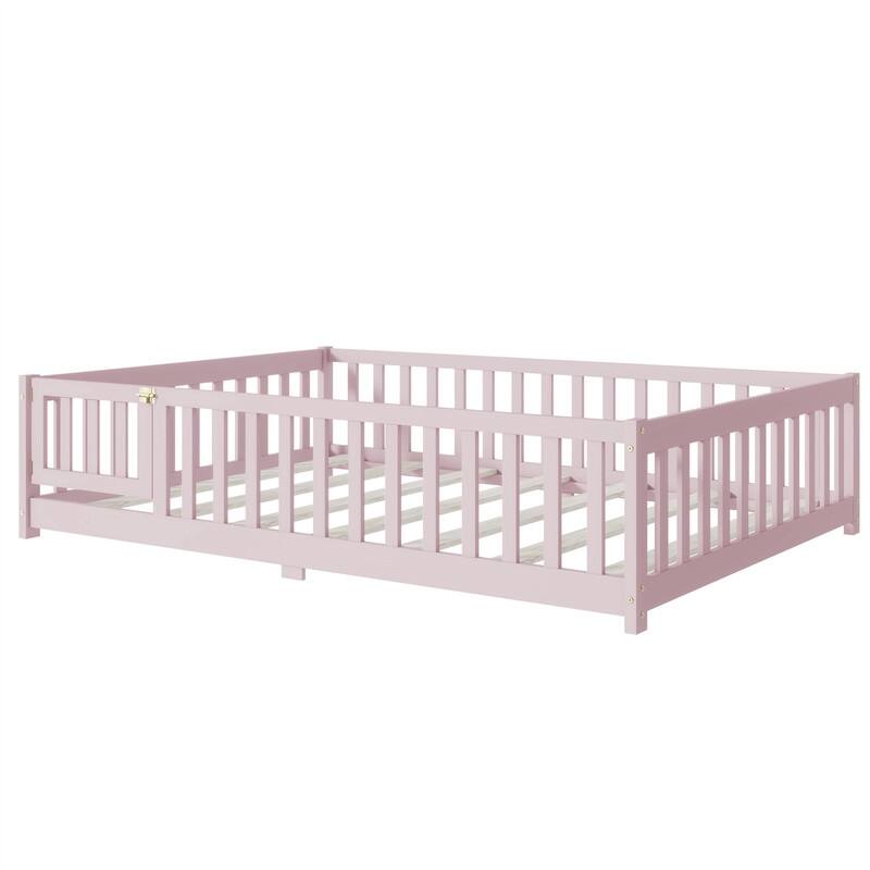 Twin/Full/Queen Size Floor Bed with Fence Guardrails and Door, Rubber Wood Toddler Bed Montessori Bed with Slats Support