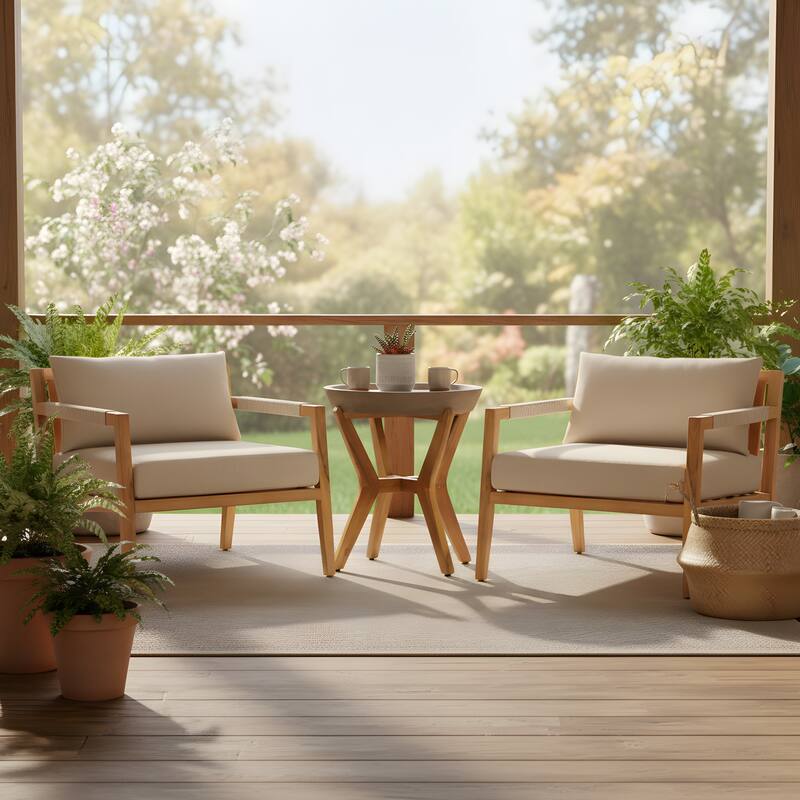 Christopher Knight Home - Modern Outdoor Wooden Rope Conversation Set with Beige Cushions and Side Table - Grey Side Table - 2 chair