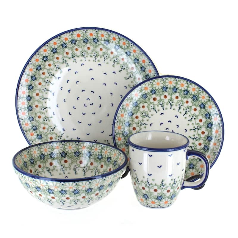 Blue Rose Polish Pottery Manufaktura Dinnerware (4PC) - Green Daisy