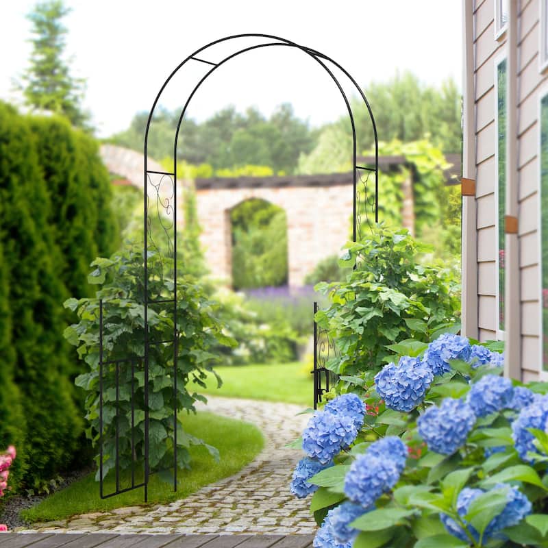 7.5' Metal Garden Arch with Gate, Garden Arbor Trellis for Climbing Plants, Roses, Vines, Wedding Arch