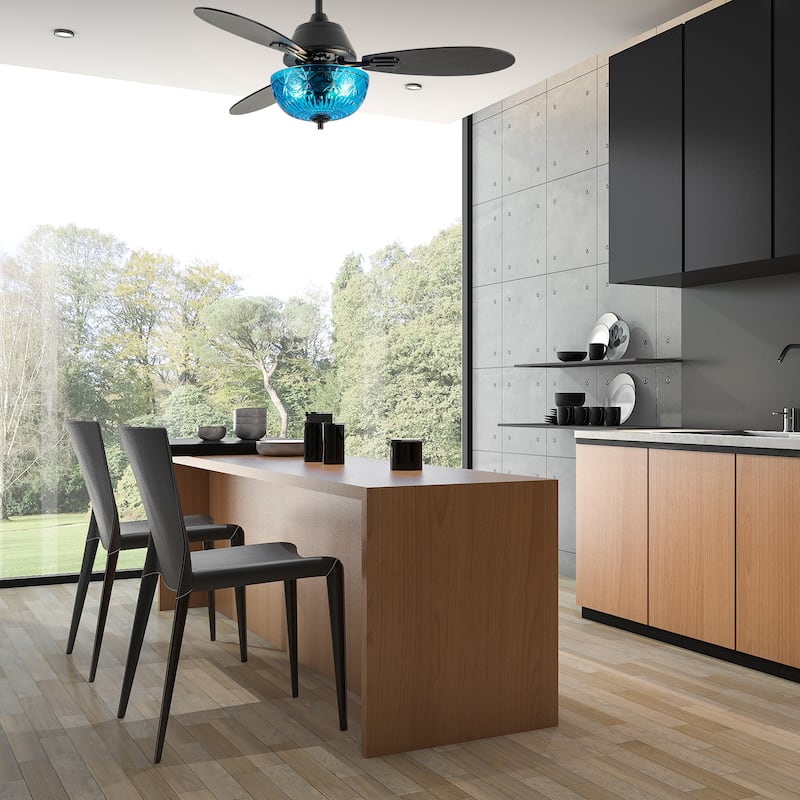 Maisie River of Goods 3-blade 42-inch Modern Indoor Ceiling Fan with Blue Hand-Cut Glass Globe Shade and Remote Control