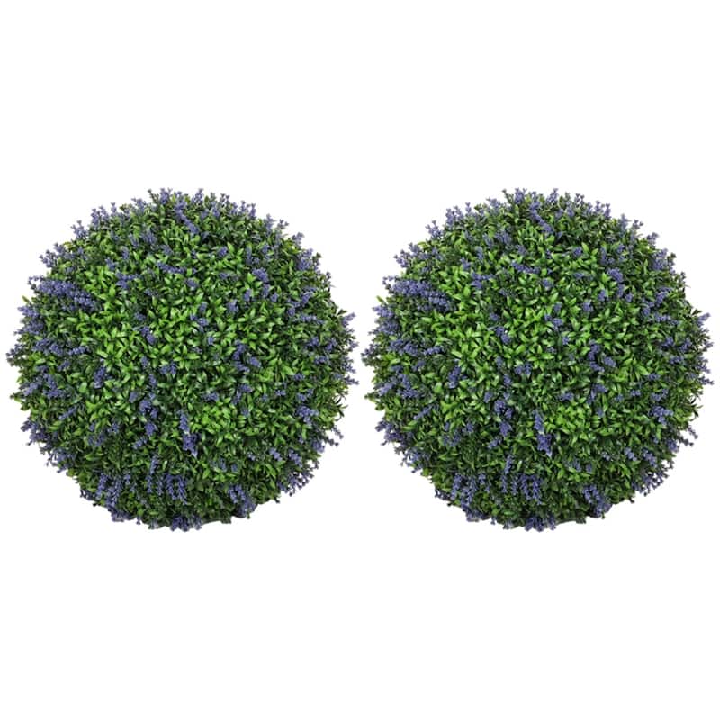 Set of 2 Purple and Green Artificial Topiary Balls with UV Protected Leaves and Flowers for Indoor Outdoor - 16.5" diameter