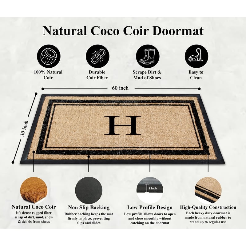 A1HC Natural Coir & Rubber Non Slip Thin Profile Front Door Large Monogrammed Door Mats 30x60 Inches