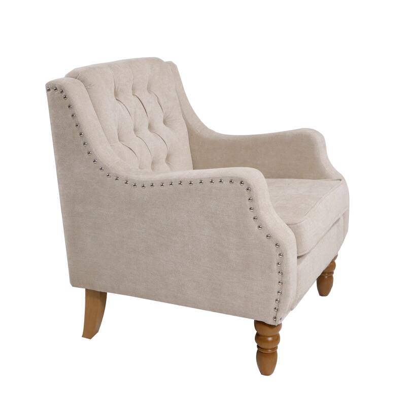 Linen Fabric Upholstered Accent Chair, Button Tufted Backrest Sofa Chair, Lounge Armchair with Rivet Decor & Solid Wood Legs
