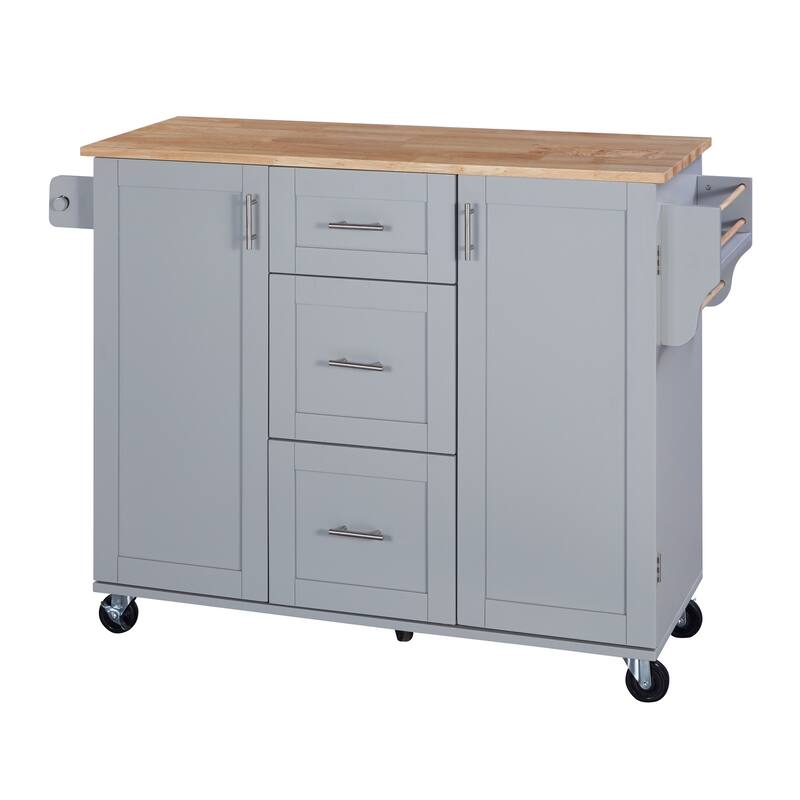 50" Rolling Kitchen Cart with Rubberwood Top, Internal Storage Racks, 5 Drawers & 2 Slide-Out Shelves for Kitchen Organization