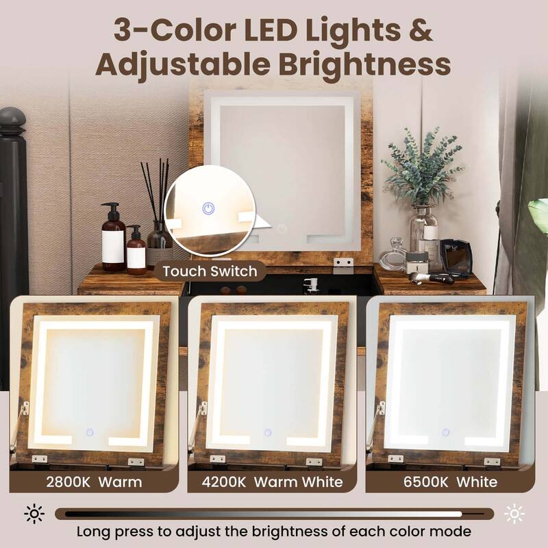 Costway Vanity Table Set w/ Flip Top Mirror Lights USB Port Cushioned