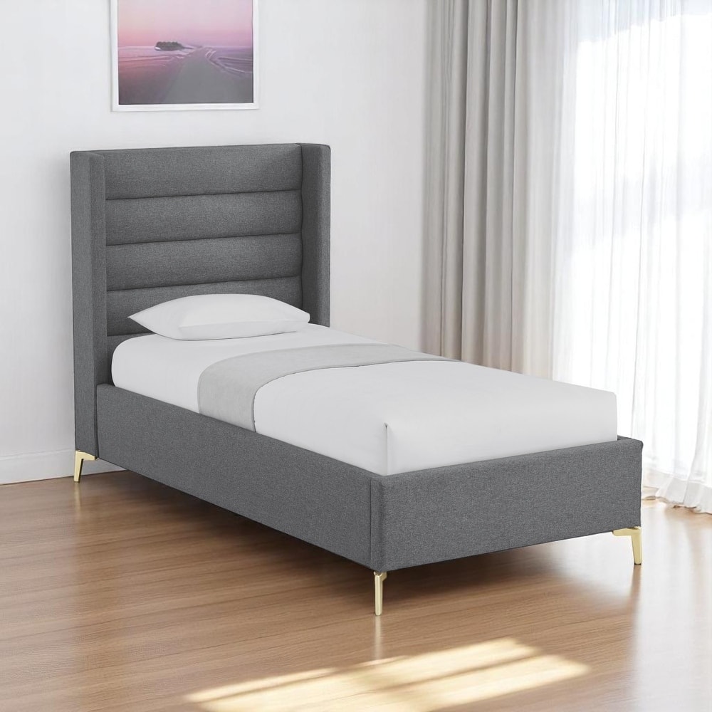 HomeRoots Gray Linen Upholstered Full Bed Frame
