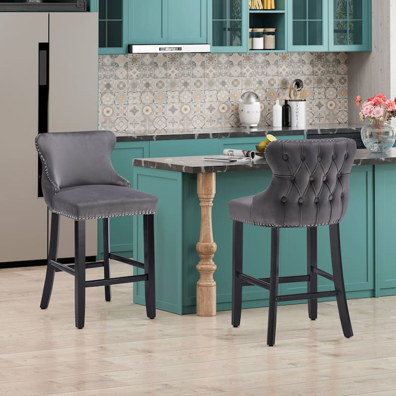 Contemporary Velvet Upholstered Wing-Back Barstools with Button Tufted Decoration Leisure Style Bar Chairs - Gray