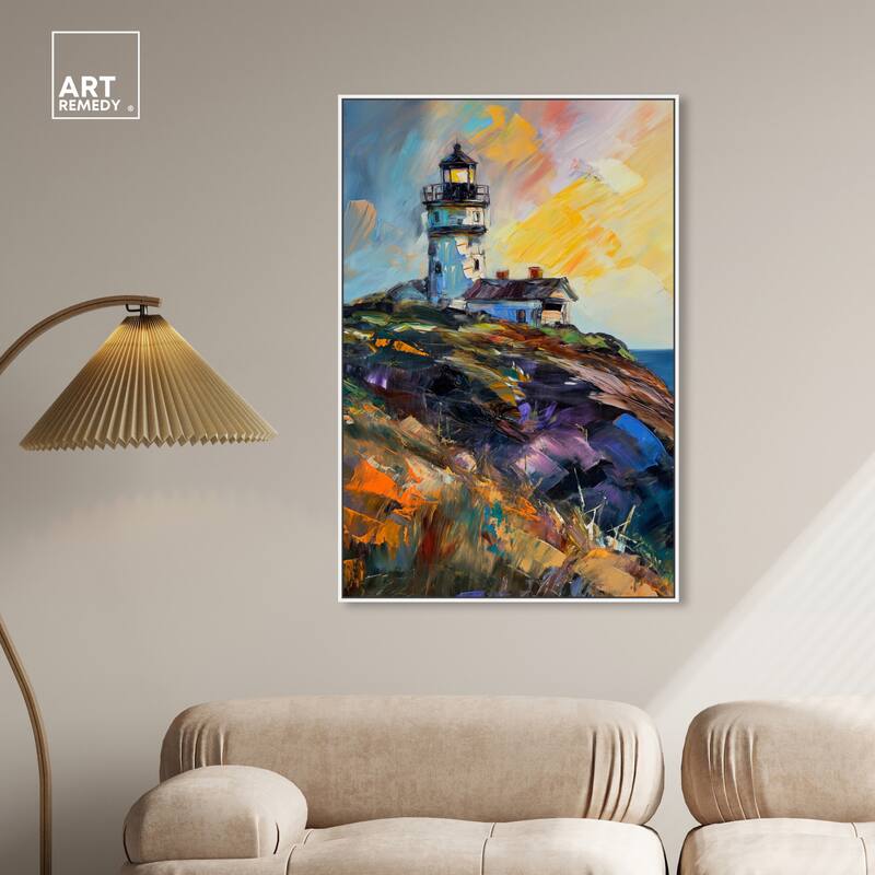 Art Remedy Colorful Lighthouse Framed Impressionism 1 Piece Canvas Wall Art /Monet And Van Gogh Inspired Art