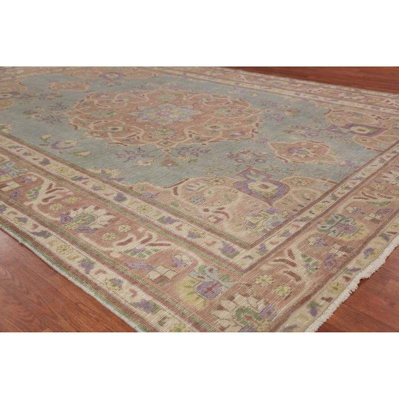 Light Blue Tabriz Persian Vintage Area Rug Hand-Knotted Wool Carpet - 7'7" x 10'9"