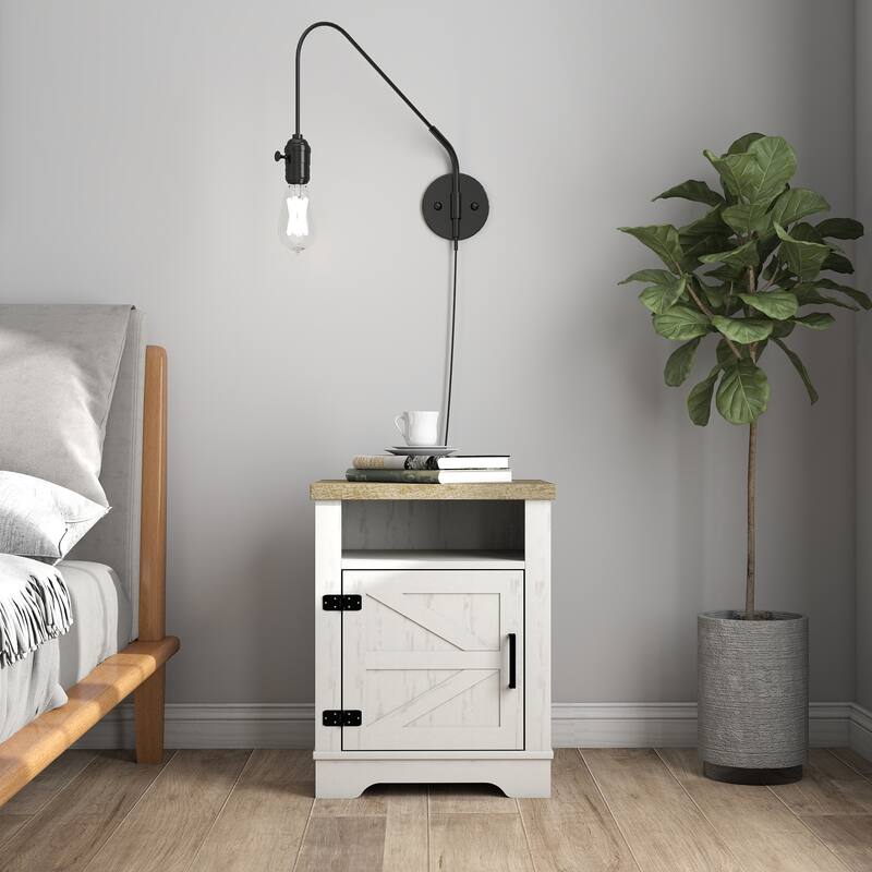Farmhouse Nightstand, Modern Bedside Table with Barn Door and Shelf, Rustic End Table Side Table for Bedroom, Living Room