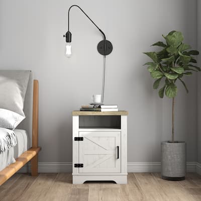 Farmhouse Woodem Nightstand, Sofa Side Table with Barn Door & Open Shelf, Multi-functiona Bedroom Coffee Table