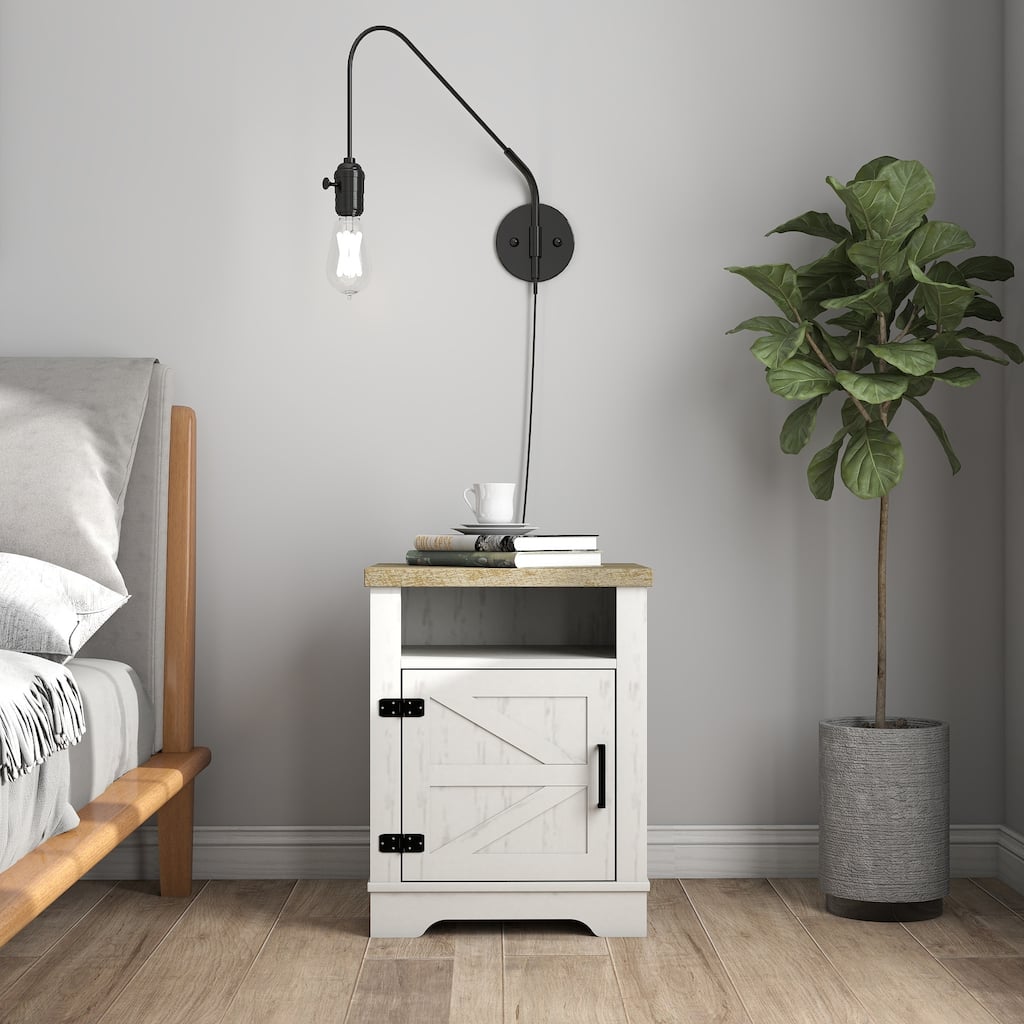 Farmhouse Woodem Nightstand, Sofa Side Table with Barn Door & Open Shelf, Multi-functiona Bedroom Coffee Table