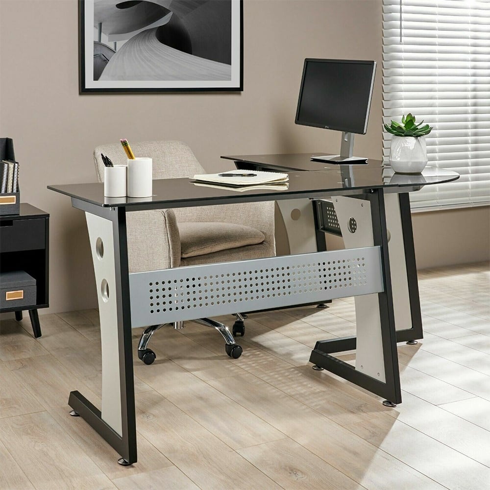 Modern L-Shaped Iron Office Desk with Tempered Glass Top Black Gray