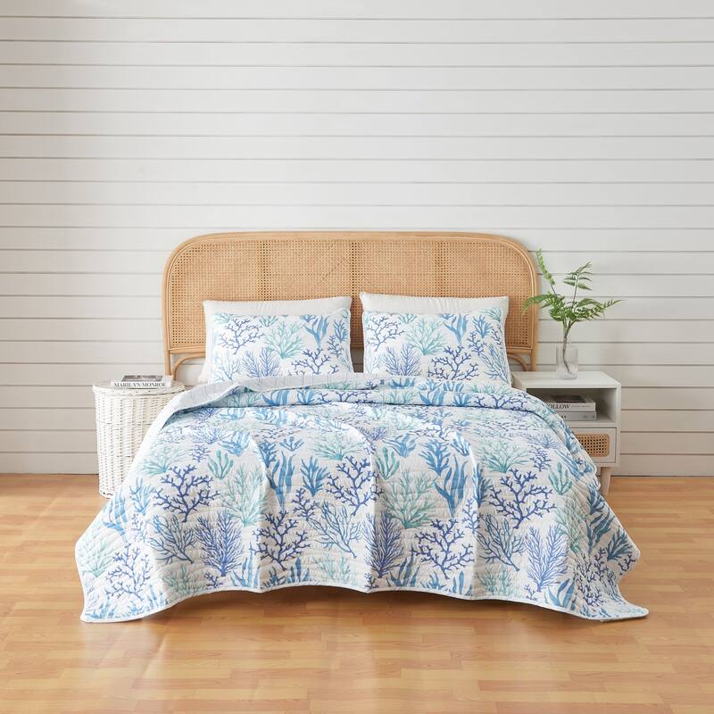 Premium Blue Coral Microfiber Quilt Set With Shams - Watercolor Coral - King