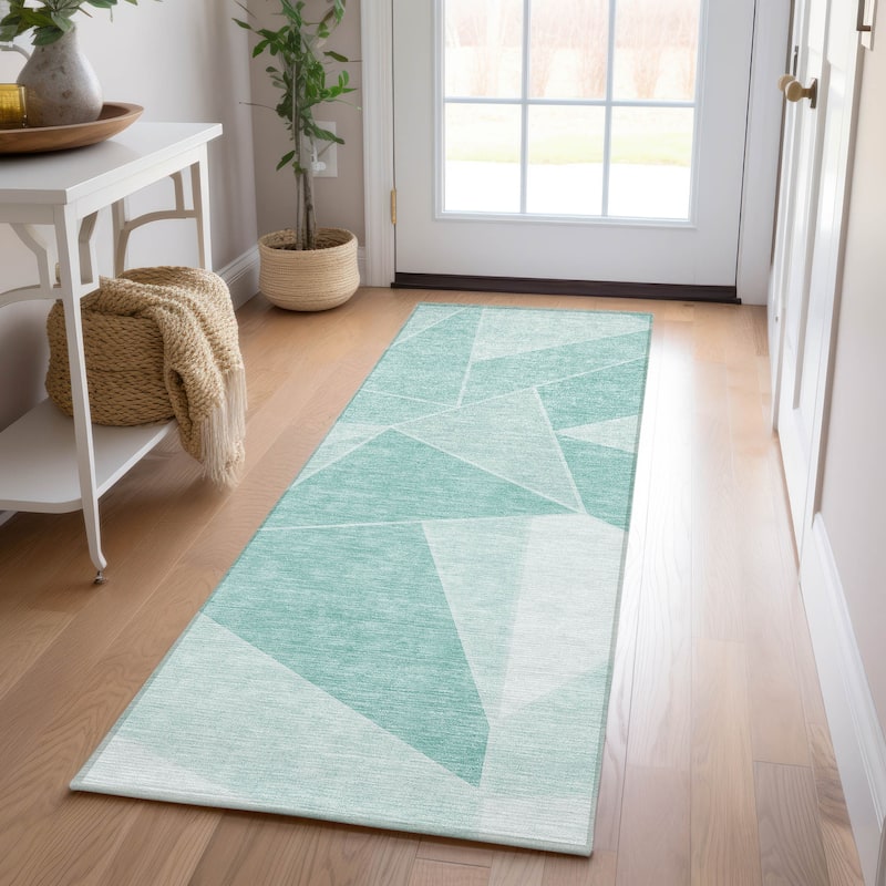 Machine Washable Indoor/ Outdoor Chantille Modern Mosaic Rug - Teal - 2'3" x 7'6"