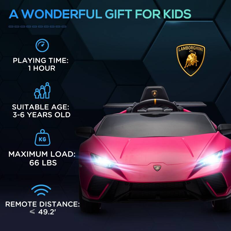 Qaba 12V Lamborghini Huracan Licensed Kids Electric Car with Remote Control, Spring Suspension, Transport Wheel, LED Lights