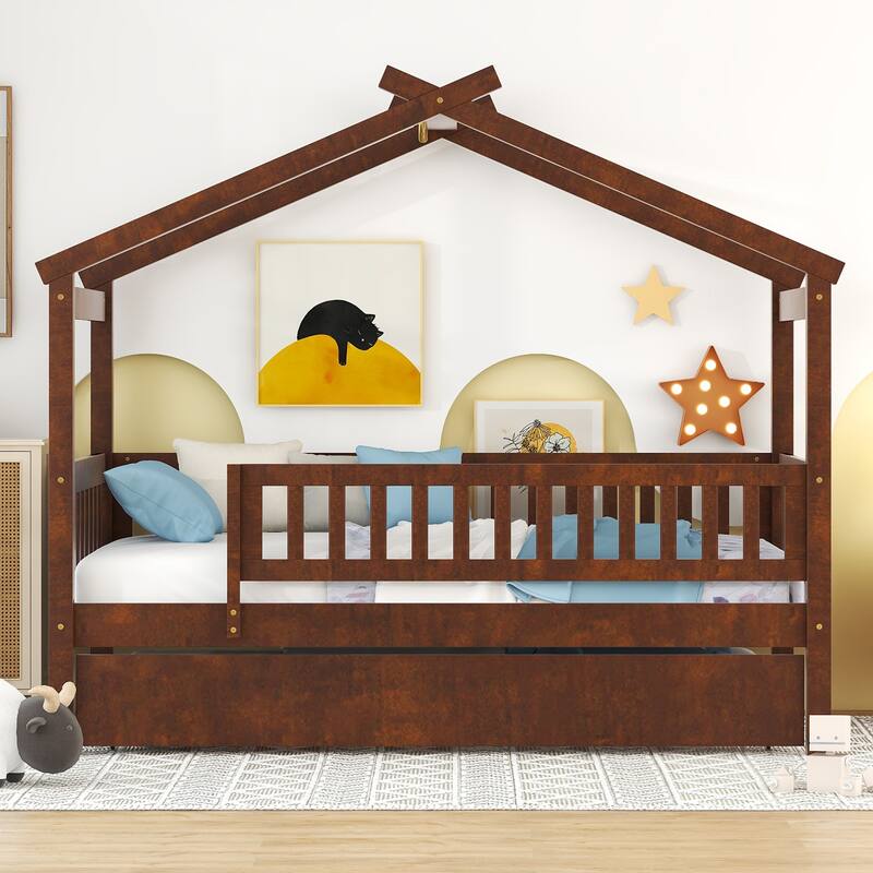 Montessori Bed House Bed with Trundle Bed and Headboard, Wood Daybed Platform Bed Frame No Box Spring Needed for Boys Girls