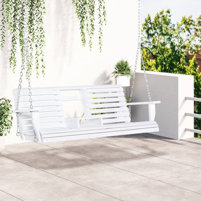 3-Seater Wooden Porch Swing, Patio Swing Bench with Folding Coffee Table, Cup Holders and Chains Included