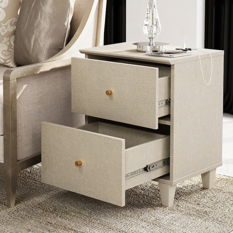 WAMPAT End Table with Charging Station and 2 Drawer for Living Room