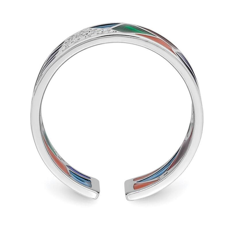 Curata 925 Sterling Silver Rhod Plated Abstract Enamel and CZ Cubic Zirconia Cuff Ring